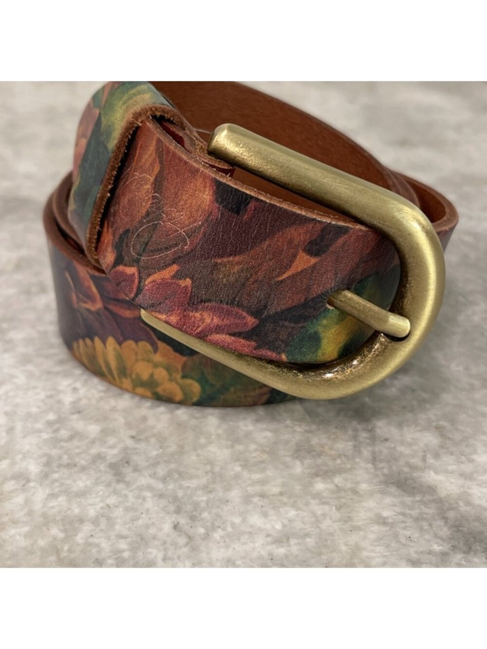 Patricia Nash Belt Womens Small Floral Burgundy Green Brass Buckle Designer Boho